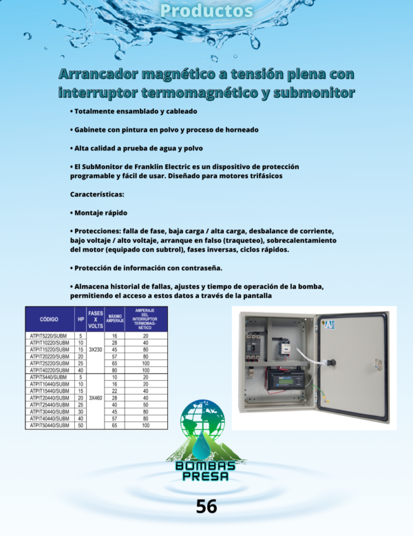 Arrancador magenético a tensión plena con iterruptor termomagnético y submonitor.