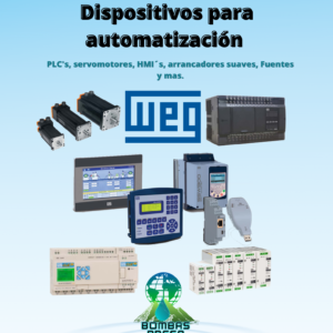 Dispositivos de automatización marca weg, PLC's, servomotores, HMI's, arrancadores suaves, fuentes.