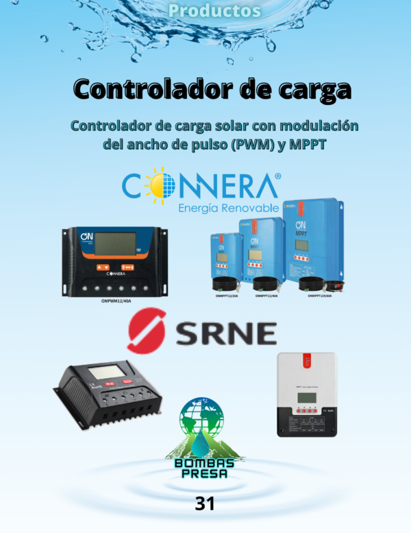 Controlador de carga solar con modulación del ancho de pulso (PWM) y MPPT.