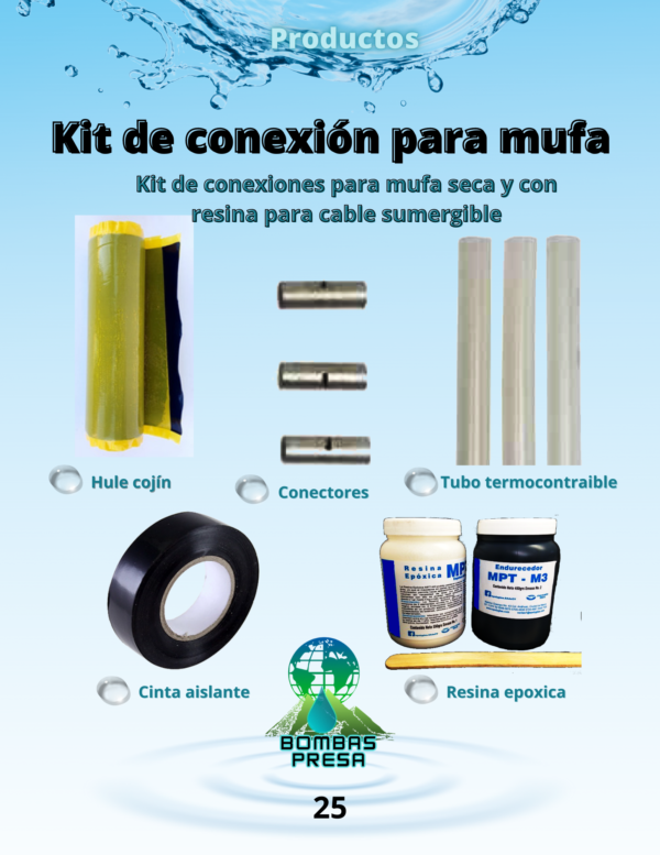 Kit de conexión para mufa seca y con resina para cable sumergible.